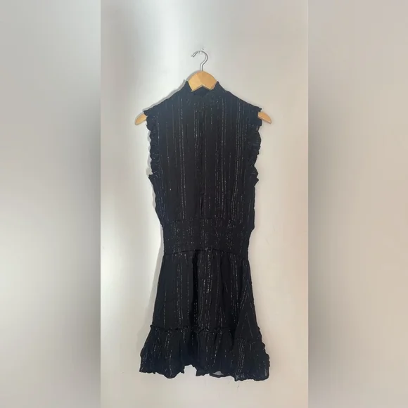 Elan Black Metallic Stripe Ruffle Mini Dress Smocked Waist Size M - Picture 6 of 8